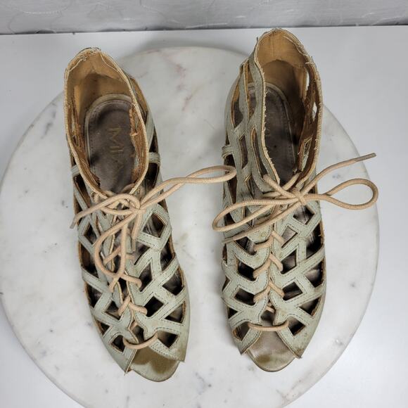 MIA Botticelli Sandals Womens 7.5 Green Leather Cutout Lace Up Strappy Gladiator - Picture 11 of 13